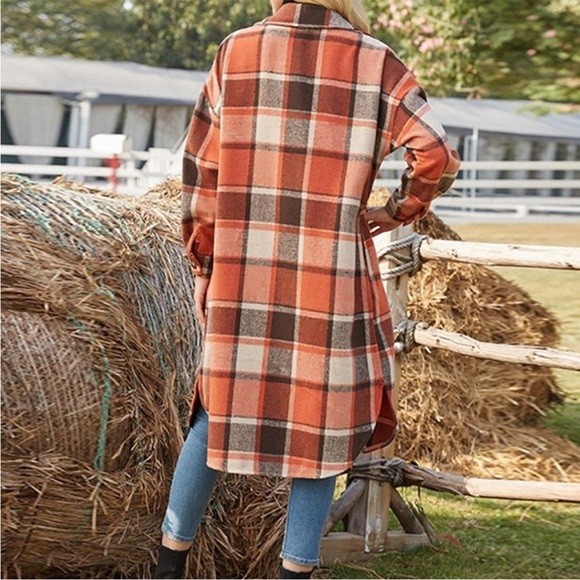 NWT Women Wool Blend Long Plaid Shirt Jacket Button Down Pocketed Shirt Shacket - Picture 2 of 7